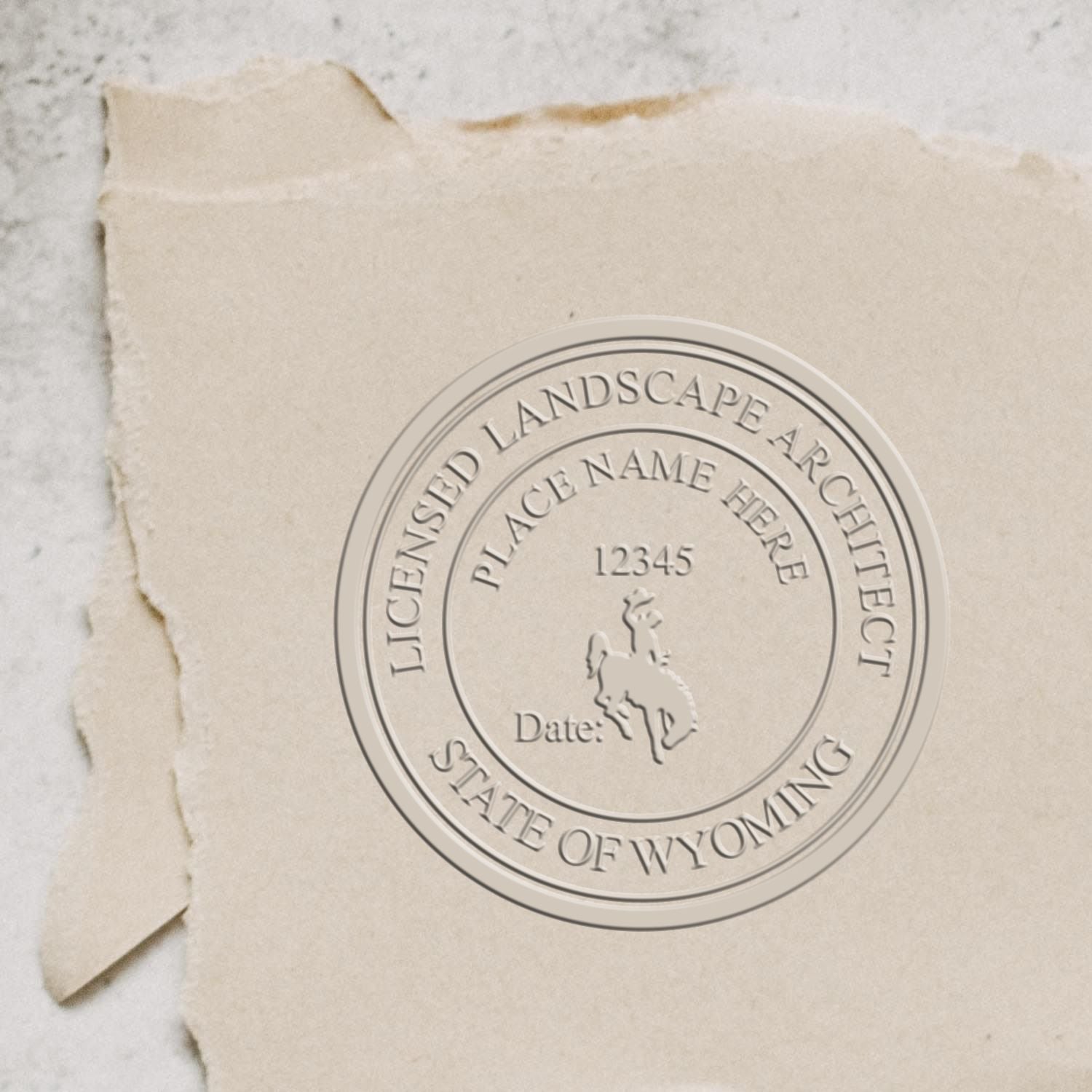 An alternative view of the Wyoming Long Reach Landscape Architect Embossing Stamp stamped on a sheet of paper showing the image in use