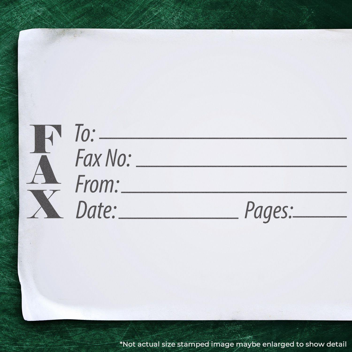 Jumbo Fax Xstamper Stamp imprint on paper with fields for To, Fax No., From, Date, and Pages, on a green background.