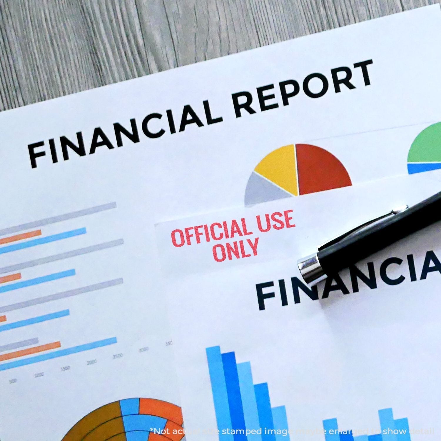 Financial reports stamped with OFFICIAL USE ONLY using Custom Self Inking Stamp Trodat 4912 Size 3/4 x 1-7/8, with a pen on top.