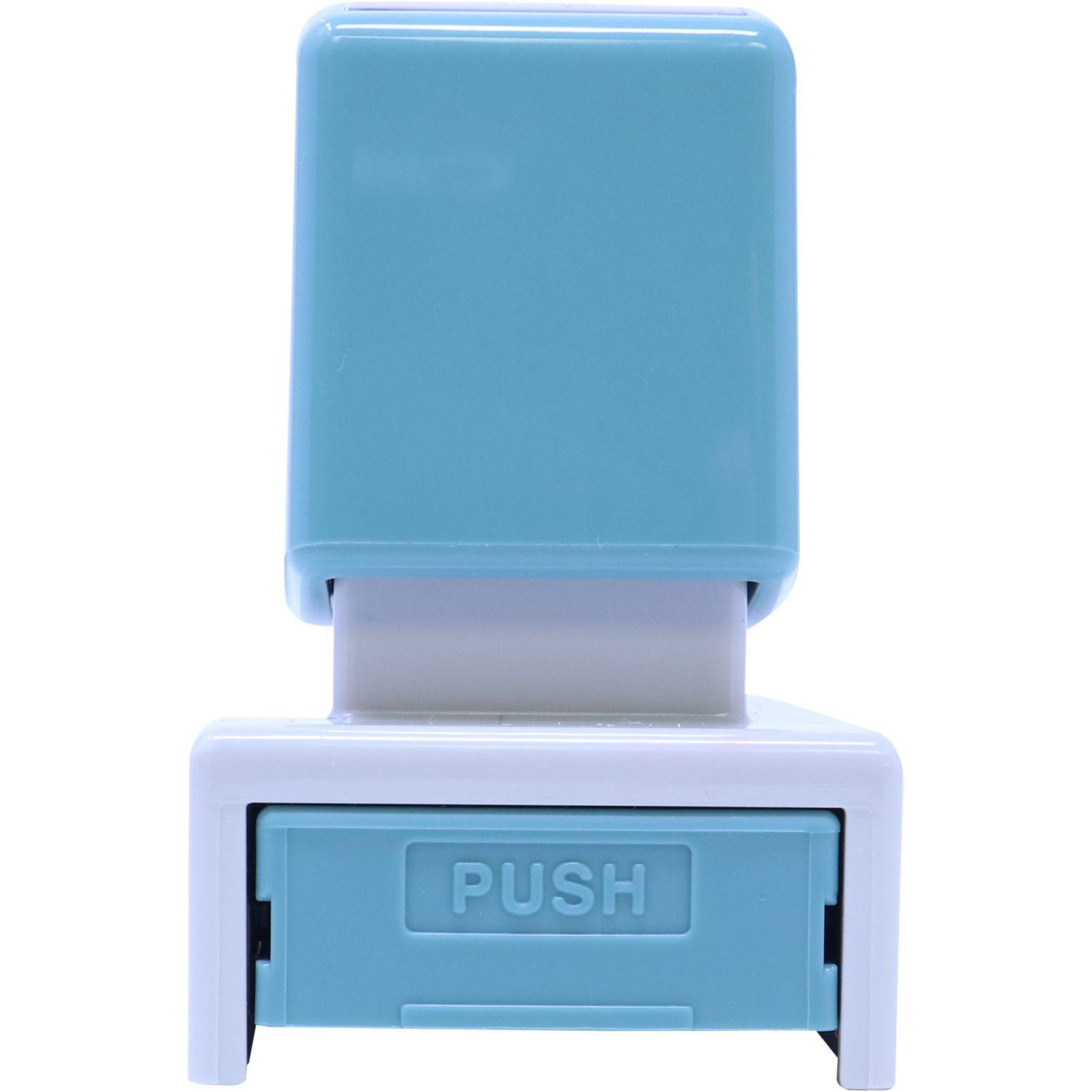 Jumbo Dated Material Open Immediately Xstamper Stamp with a blue top and white base, featuring a PUSH button on the front.