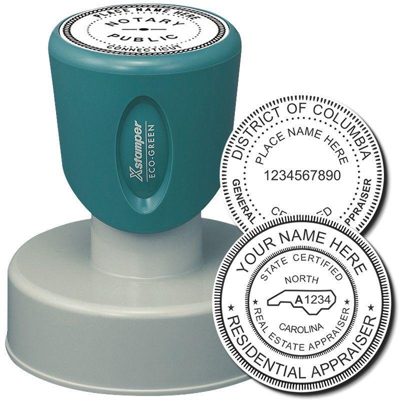 Xstamper Real Estate Appraiser Pre Inked Rubber Stamp of Seal with teal handle and customizable seal designs for notary and appraiser use.