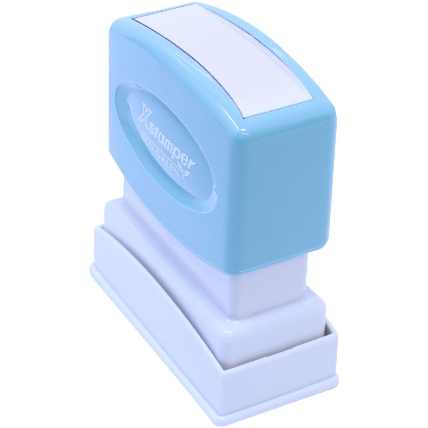 Two-Color Paid Xstamper Stamp with a blue and white design, shown at an angle, highlighting its compact and ergonomic shape.